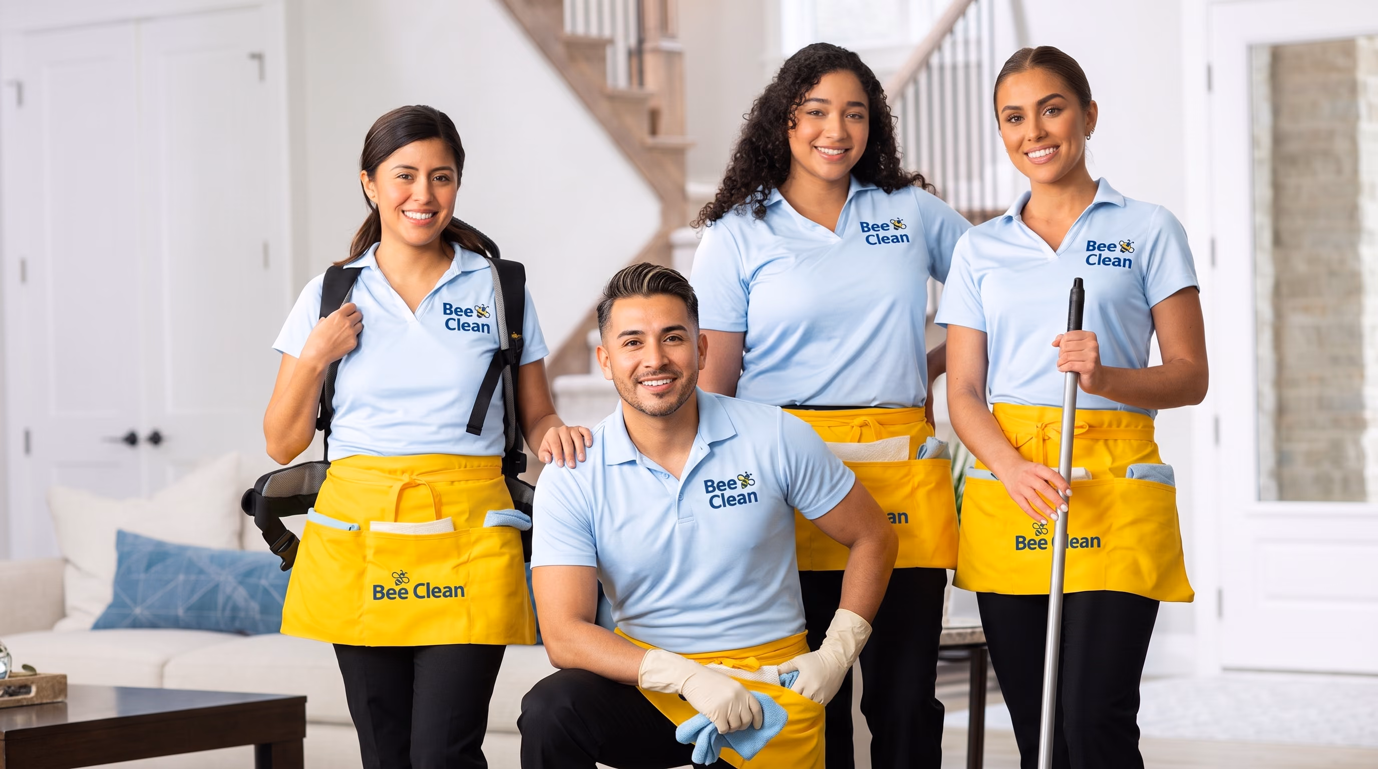 Group of six smiling cleaning staff in beige uniforms holding cleaning supplies